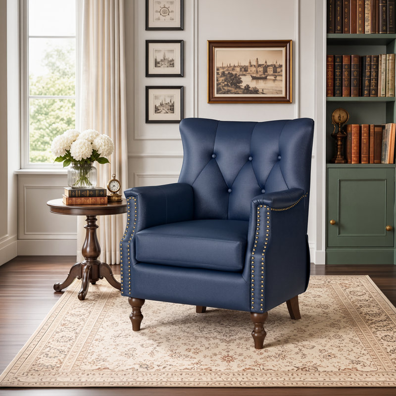 Fauteuil Redi vintage à oreilles de 75 cm de large, recouvert de similicuir et doté de pieds en bois massif., Navy