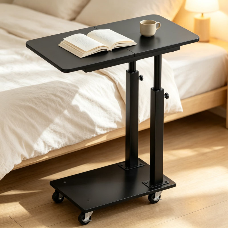 Table de bout en forme de C avec roulettes, plateau à roulettes à hauteur réglable pour canapé, lit, canapé, fauteuil inclinable, table d'appoint de salon avec rangement et base en bois massif, assemblage facile