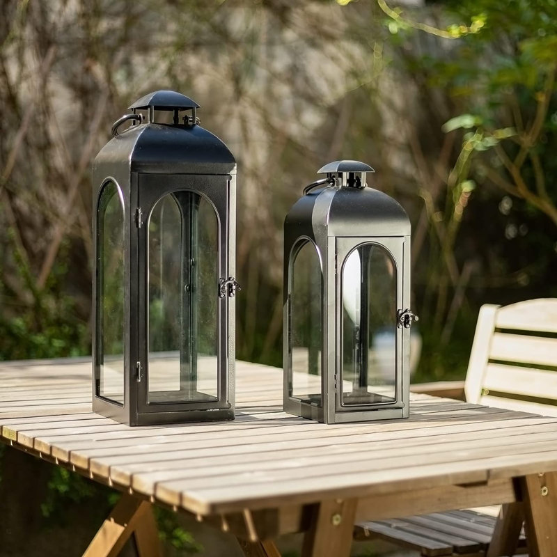 Black Metal Hurricane Lantern with Clear Glass Panels, 15" H x 5" W x 5" D, 2