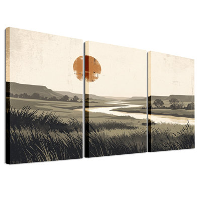 «Retro Winding River And Orange Sun Over Hills», ensemble de 3 toiles murales
