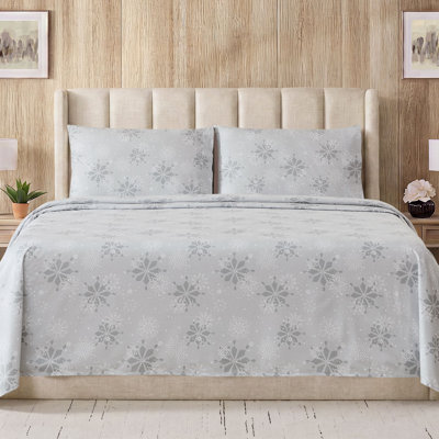 Holiday Printed Flannel Microfiber Sheets Warm and Cozy Extra Deep Pockets, Queen - Falling Snow Silver