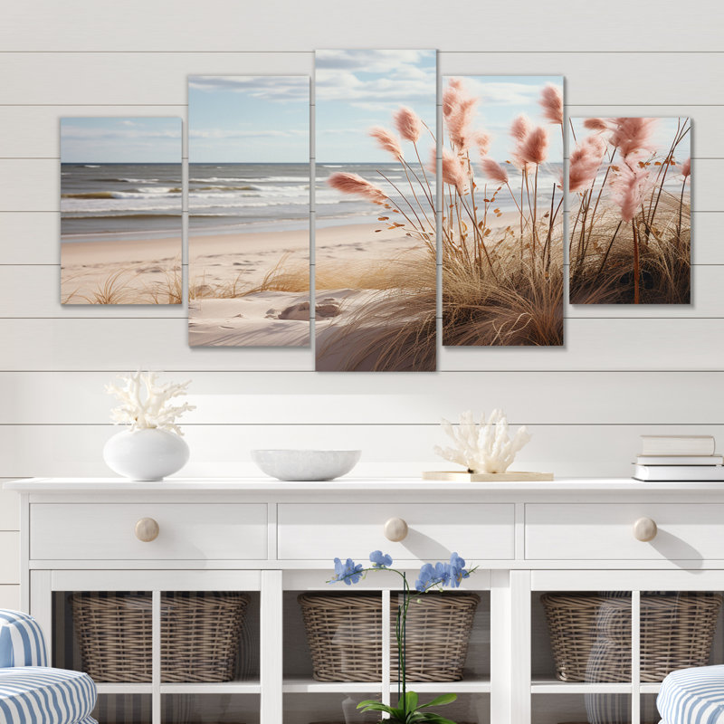 «Ocean Spring Bliss Tender Pastel Beach Grass IV», reproduction d'art mural plage - 5 panneaux