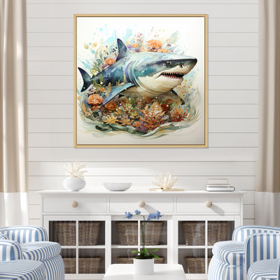 «Curious Shark Ocean Blooms I» - art mural requin