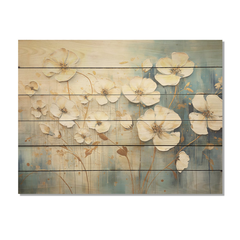 «Elegant Beige Buttercups Meadow» - Art mural en bois sur bois de pin naturel, H 24 po x l 32 po