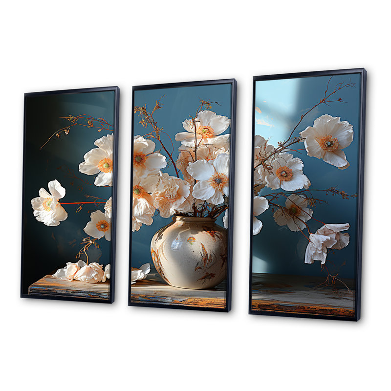 «Poppies Bouquet Still Life In Vase» - ensemble de salon d'art mural coquelicots, Cadre flottant noir