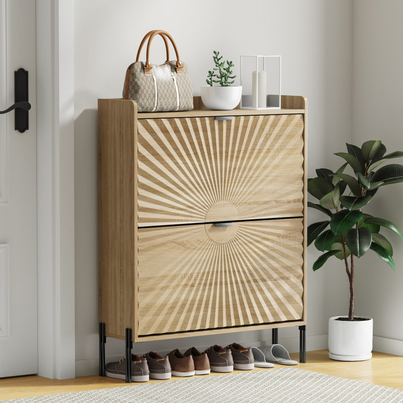 Fluted Shoe Storage Cabinet, 31" Long Wood Hidden Cabinet With Metal Legs, Freestanding Shoe Rack With 2 Flip Doors, Slim Shoe Organizer For Entryway, Hallway