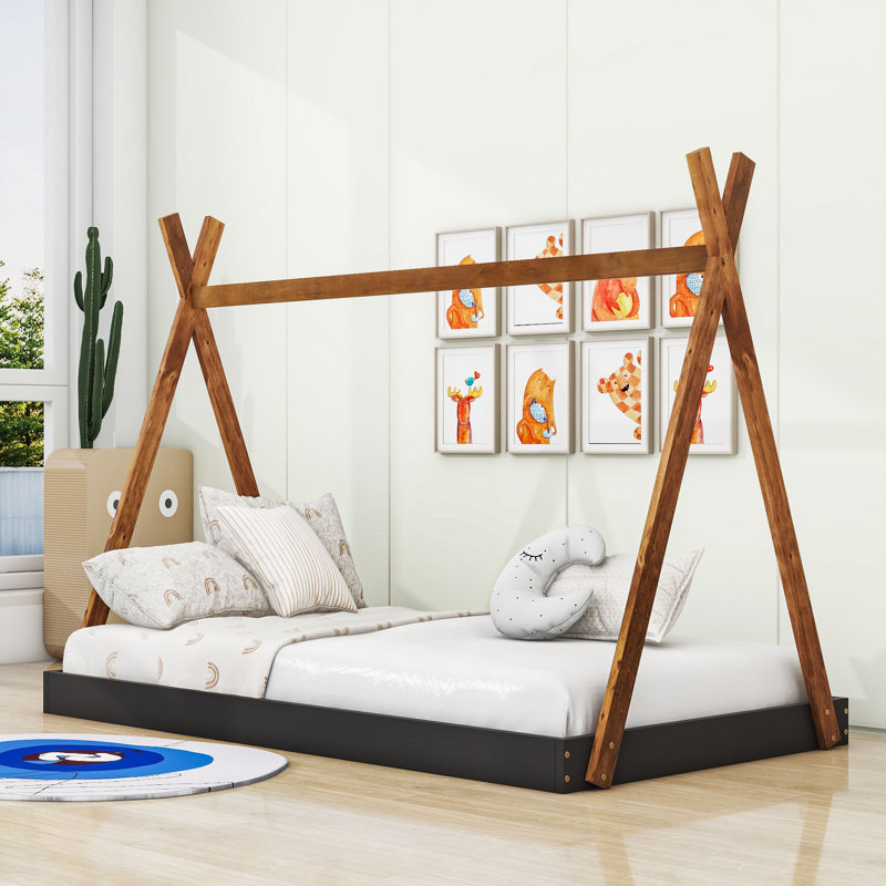 Estefania Twin Size Wood Bed with Triangle Structure, Black/Brown