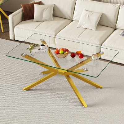 39.37" Rectangle Clear Glass Glass Coffee Table,Stylish Design With White Metal Legs, Coffee Table For Living Room