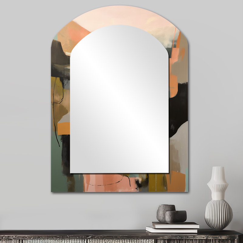 Green And Beige Transcending Reality II - Abstract Painting Arch Large Wall Mirror, Green Asymmetrical Decorative Mirror, Printed Metal Art