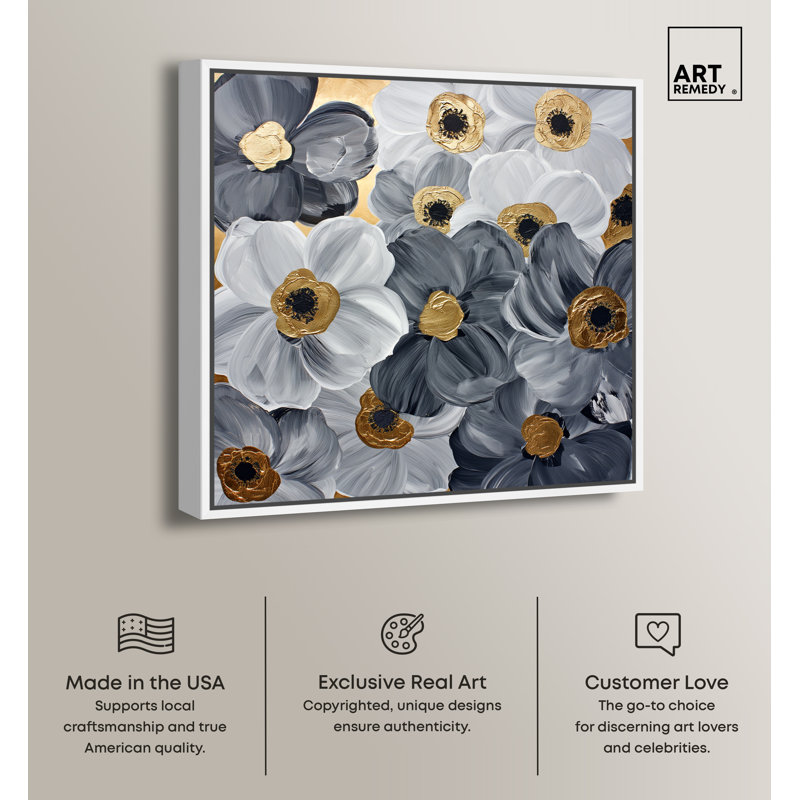 Gold and Gray Floral Canvas Print with White Frame, 25" x 25"