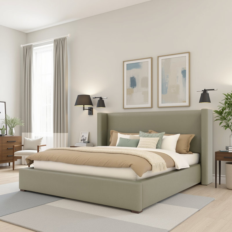 Vegan Leather Wingback Bed, King, Stone