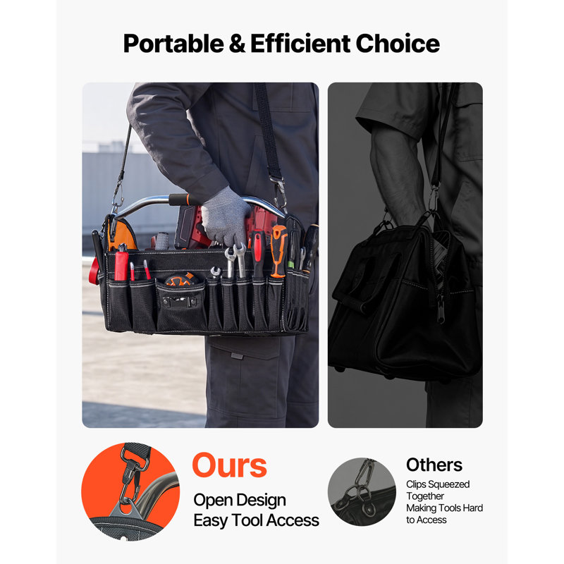 Sac à outils, 41 cm (16,1 pouces), 33 poches, ouverture sur le dessus, organisateur de rangement pour outils d'entretien électrique avec poignée, bandoulière réglable, sac à outils portatif
