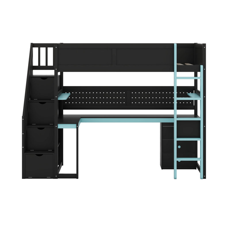 Designs Full Size Loft Bed With Desk And Storage Stairs, Shelves & Pegboard, Twin, Black/Blue