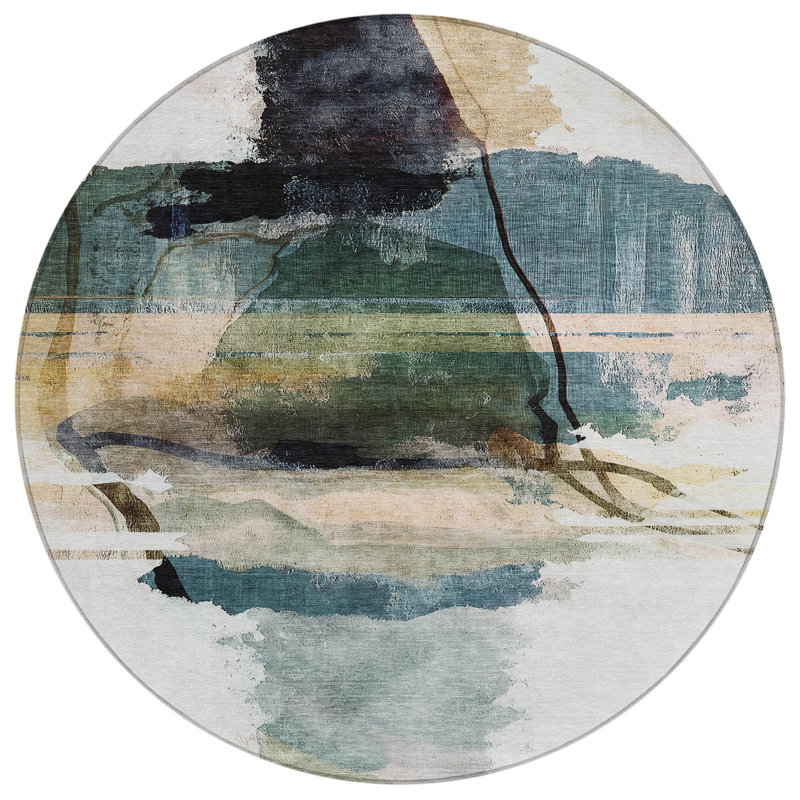 Machine Washable Indoor/Outdoor Xhevrie Green Rug, Round 8'