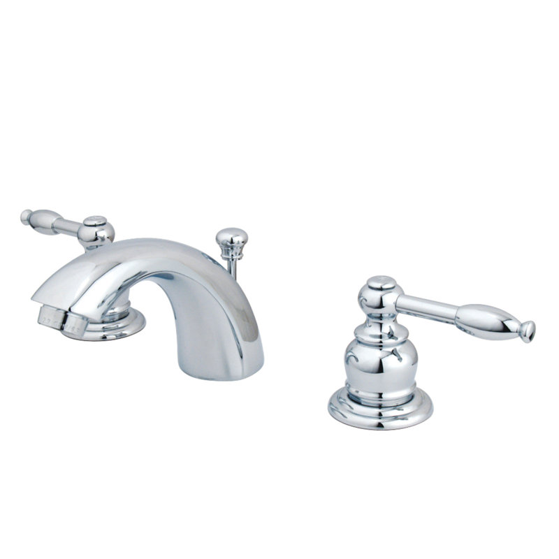 Kingston Brass Knight Two-Handle 3-Hole Deck Mount Mini-Widespread Bathroom Faucet with Plastic Pop-Up, Polished Chrome