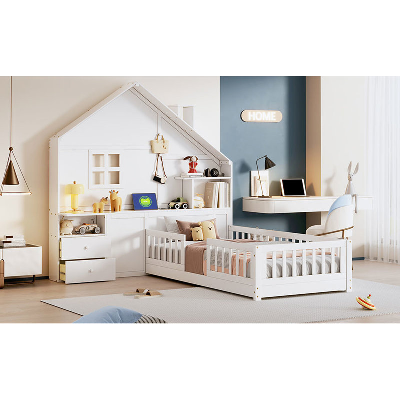 Lit simple en blanc avec fenêtre, tiroirs, douilles et support