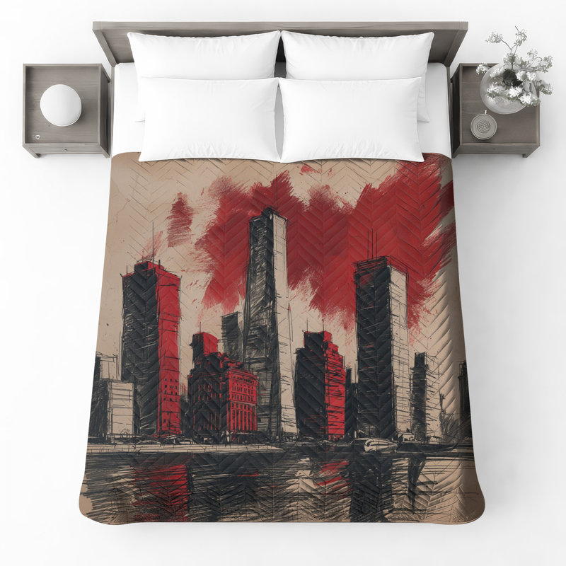 Red Black Skyline Quilted Bedspread All Sizes, King