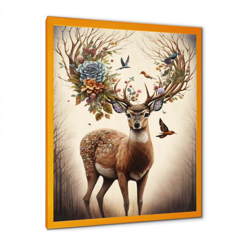 " Deer With Blooming Antlers II ", 32" H x 16" W x 1" D, Gold Closed Corner Framed Canvas