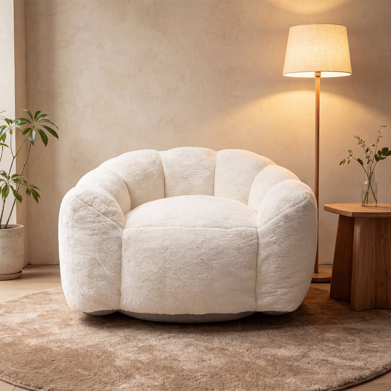 Grand fauteuil à billes en forme de pétale avec tissu en velours de lapin, Blanc cassé