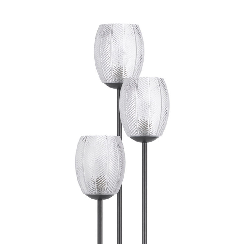 Lampe torchère sur pied 3 lumières, abat-jour en verre à motif de feuilles, métal noir 71 po
