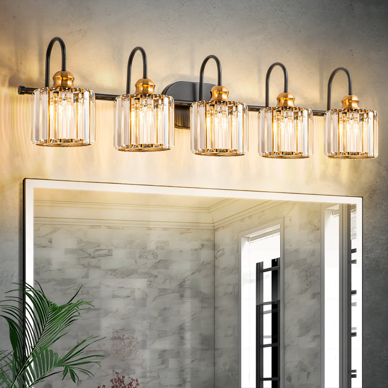 Gjystina 3-Light Dimmable Gold-Black/Chrome Crystal Vanity Light, Black/Gold, 5 Lights