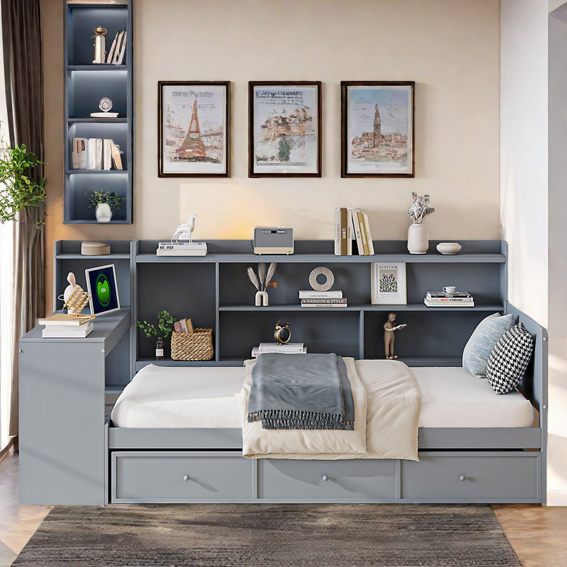 Wooden Daybed With 3 Drawers, Usb Ports And Desk, Gray, Twin