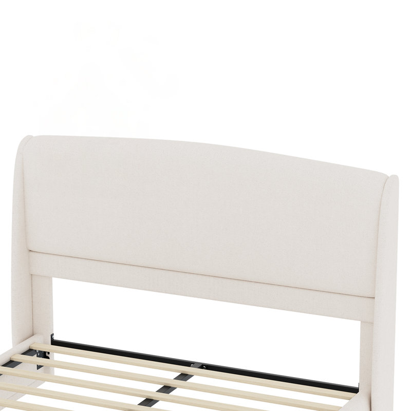 Élégante base de lit tapissier en lin avec tête de lit à oreilles, plateforme à profil bas, pas de sommier tapissier requis, assemblage facile