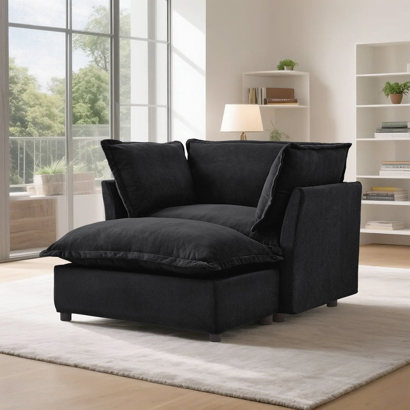 Fauteuil d'appoint moderne en chenille avec repose-pieds et coussins, Noir