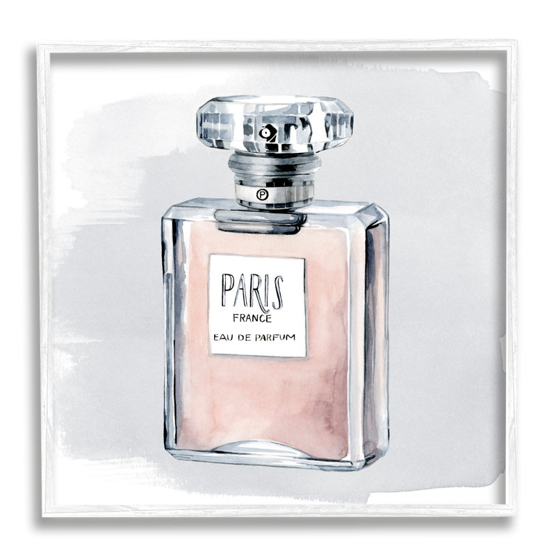 Bouteille de parfum Glam, détail d'aquarelle rose de Paris, L 12 po x H 12 po, Giclée encadrée blanc bord de mer