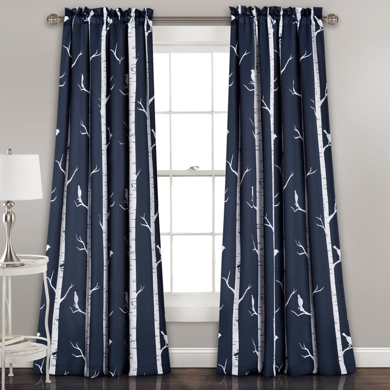 Bird On The Tree Room Darkening Curtain Pair, Navy, 52" W x 95" L