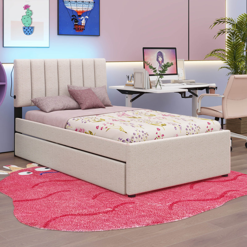 Lit plateforme tapissier simple avec lit gigogne Teddy, Beige
