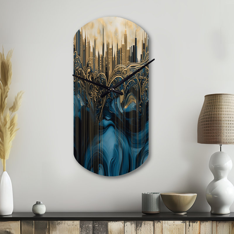 Or et bleu Urban Elegance I - City Art Deco, horloge murale asymétrique en métal, horloge murale moderne, Petit