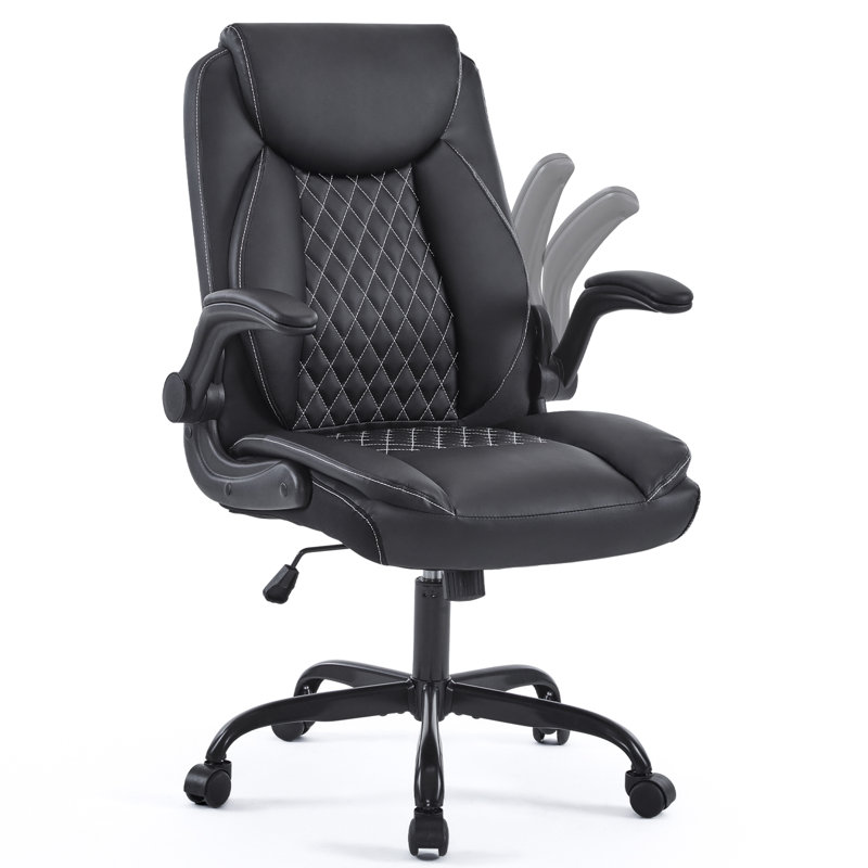 Leather Office Ergonomic Home Office Desk Chair, Back Support Swivel Executive Office Chair with Wheels and Flip-Up Armrests, Small Gaming Chair with Adjustable Rocking Function, Black