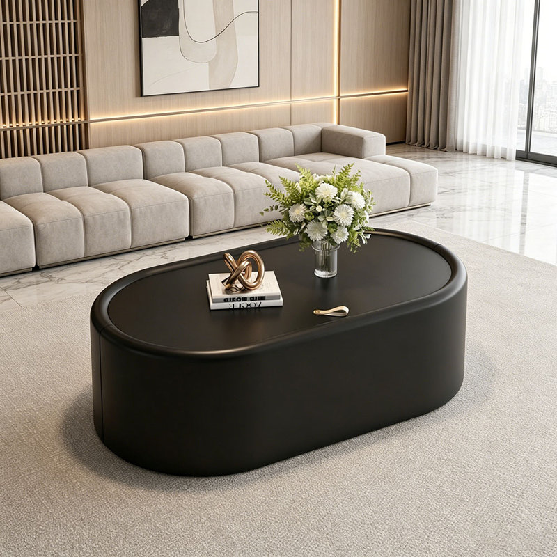 Table basse de rangement ovale cachée 33,46 po - Plateau en verre trempé certifié 3C et table basse de rangement rembourrée en cuir de qualité supérieure pour salon