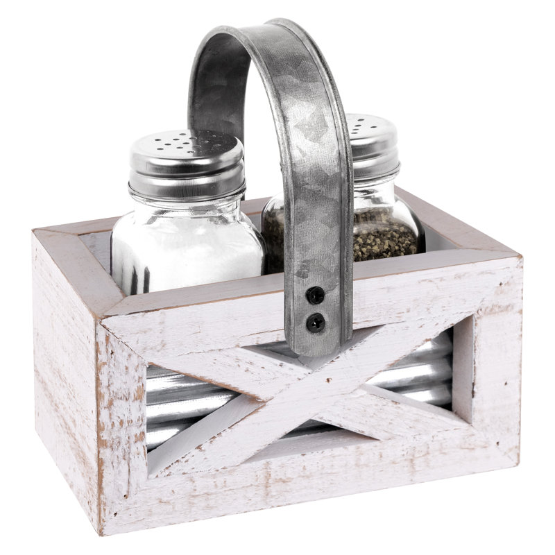 Rustic White-Wash Wood and Glass Salt & Pepper Shakers with Metal Caddy