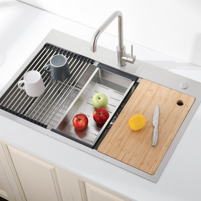 36"X22" Stainless Steel Overmount Sink, Single Bowl, Scratch- Surface, With Drainage Basket And Roll-Out Kitchen Sink 36X22, Overmount, Colander Cutting Board, Enhances Workflow