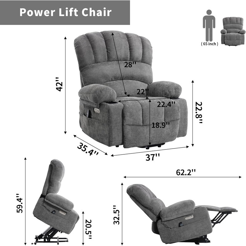 Power Lift Recliner with Massage and Heat, Large Shell Recliner Chair with Extended Footrest for Elderly, Single Sofa Chair with Side Pockets, USB Ports, Cup Holders