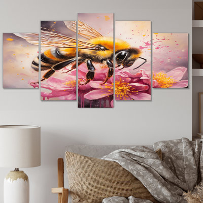 Bumble Bee On Pink Flower Painting - Animals Bee Canvas Print - 5 Panels