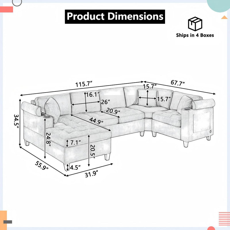 Canapé modulaire moderne en U avec rangement, ports USB et porte-gobelets, Chenille gris pâle