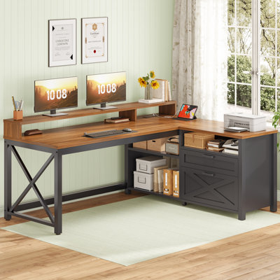 L-Shaped Steel Computer Desk with Built-In Electrical Outlet