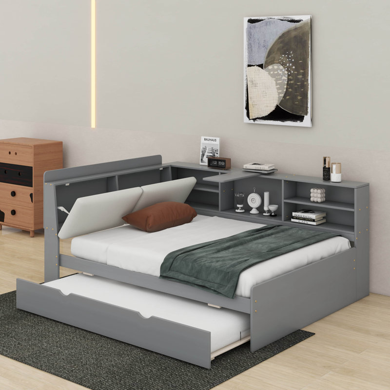 Twin Size Platform Bed With Shelves,Trundle And Storage Headboard, Full , Grey