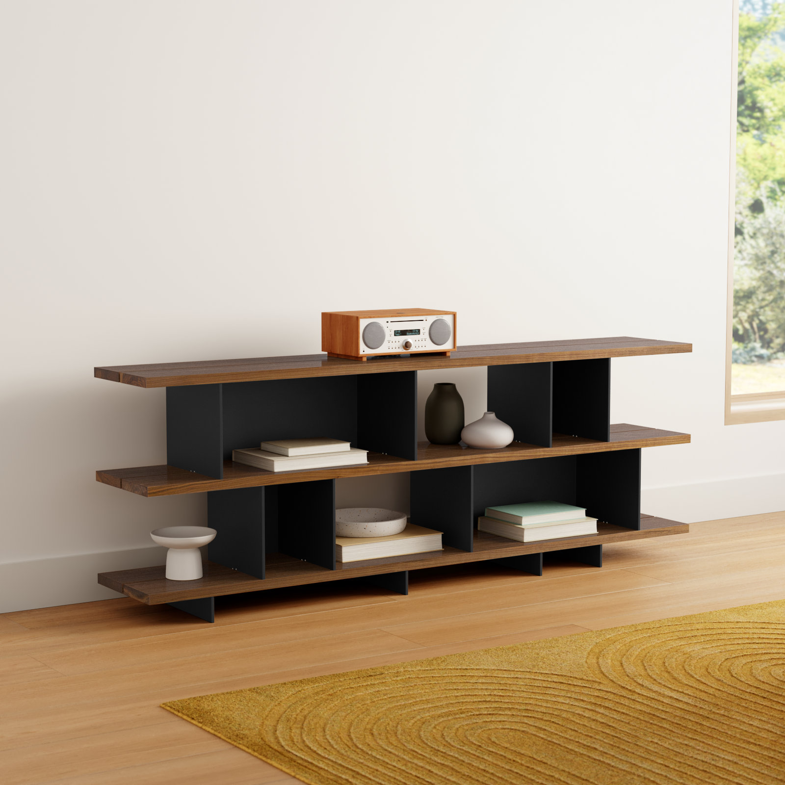 Happy Day Wide Bookcase, Walnut/Oblivion, (3 Shelves) 29" H x 81" W x 14" D