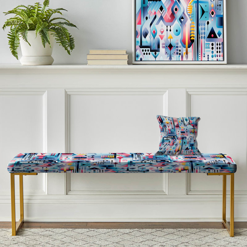 Blue Prismatic Digital Dreams Embrace - Geometric Upholstered Gold Bench