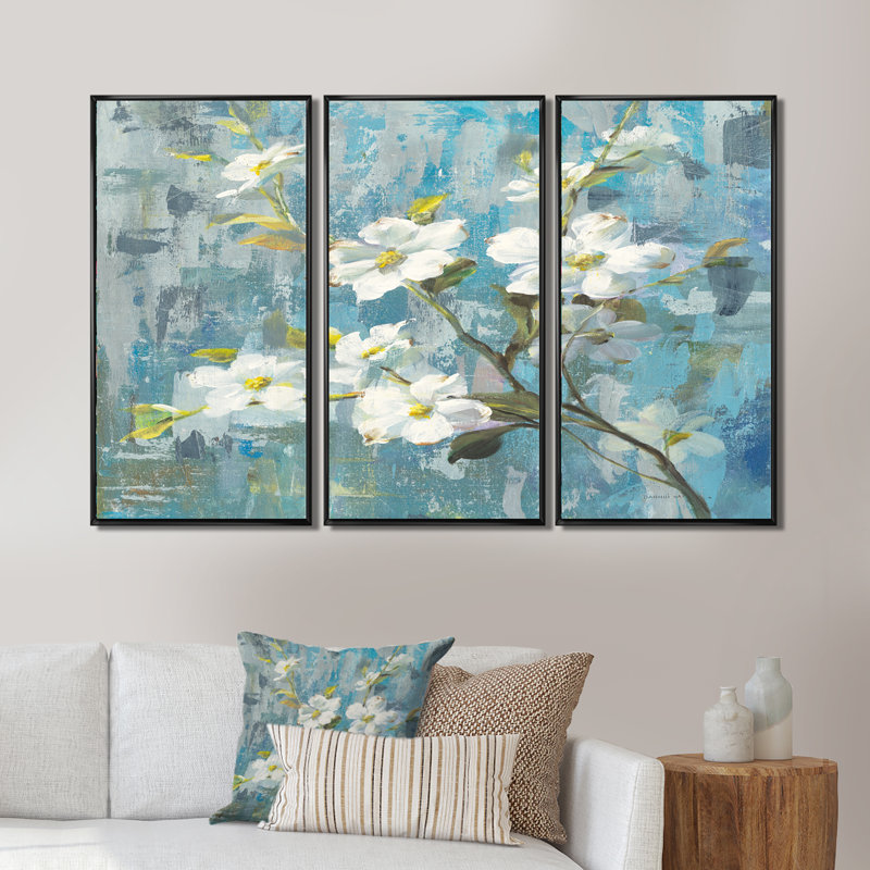 «Pastel Magnolia II», ensemble de 3 toiles d'art encadrées traditionnelles, Cadre noir, L 36 po x H 28 po