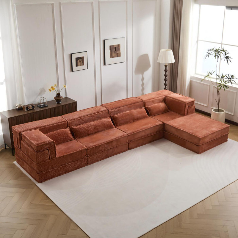Compression Mahjong Sofa,Convertible Floor Sofa Bed,DIY Boneless Modular Sectional Sofa,No Assembly Required,Circle Fleece Fabric,Oversized 4 Seater With 1 Ottoman,Orange