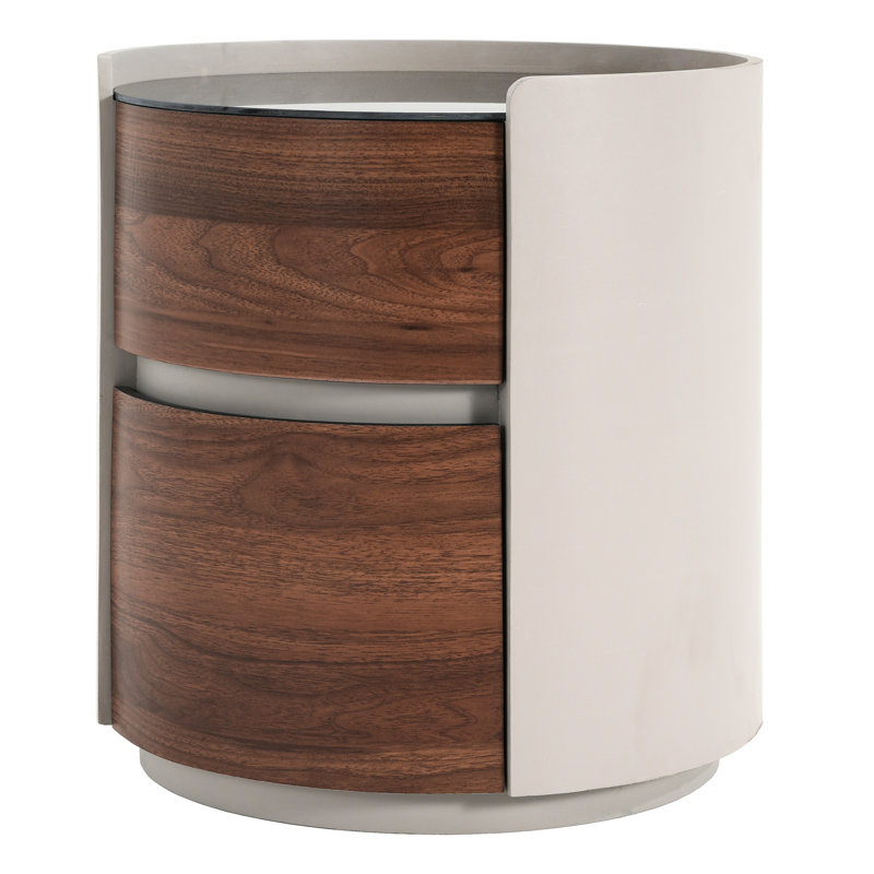 Table d'appoint ronde rétro à double rangement brun gris, aspect à bords arrondis lisses, plateau surélevé, conception, tiroirs, verre trempé pour un nettoyage facile, rangement à deux niveaux, base, dimensions compactes, prêt à monter