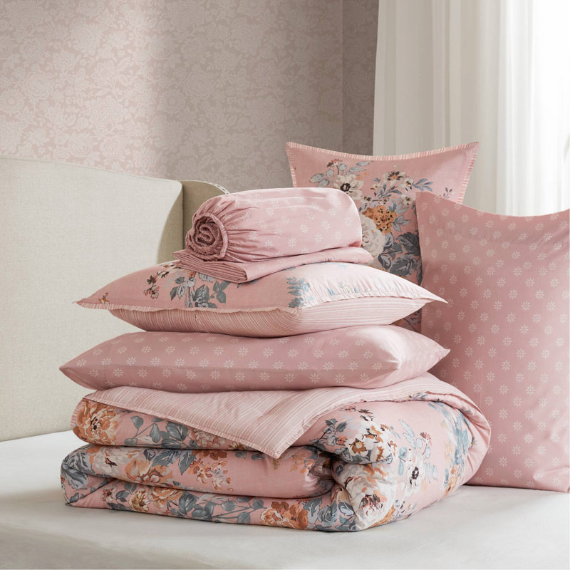 Ensemble de 7 pièces à motif floral 7 pièces, d'inspiration rétro, rose, Queen Bedspread + 6 Additional Pieces, Pink