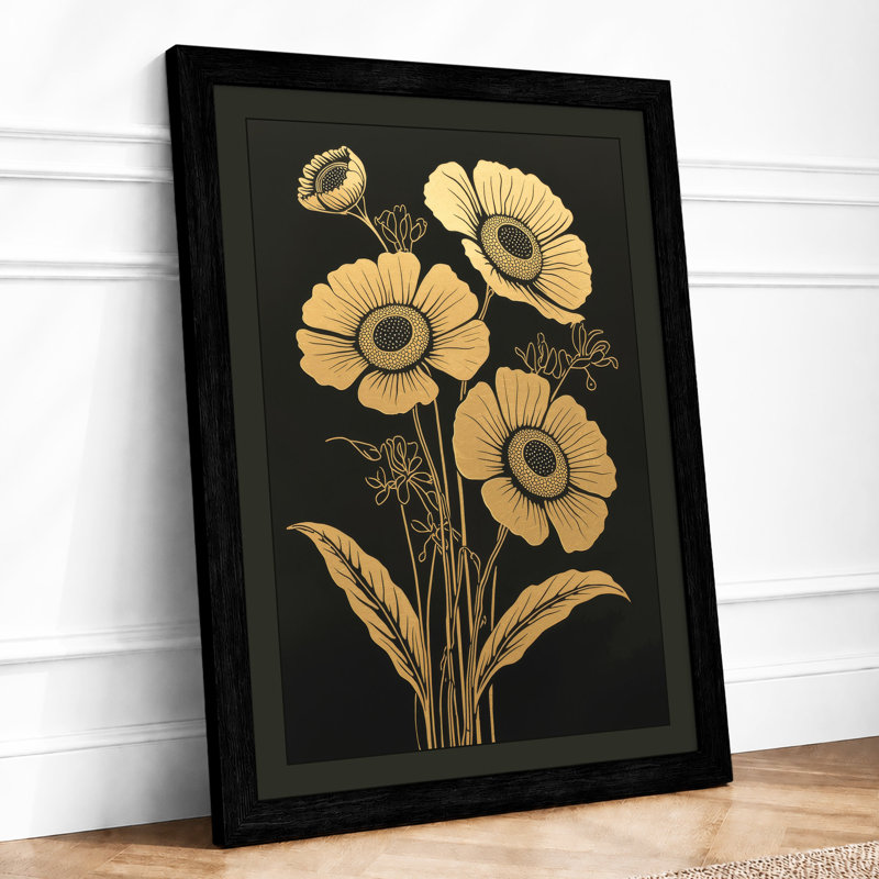 Sunflowers in Gold Botanical - Framed Print, A2 - 59.4 x 42.0 cm, Black