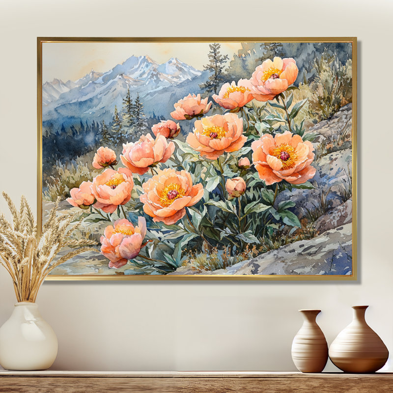 Grannia pivoines dans le col de montagne - pivoines, art mural, H 30 po x l 40 po, Impression encadrée flottante, Doré