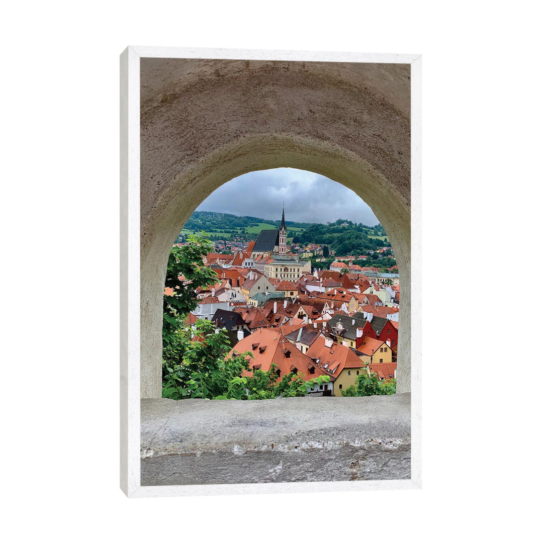 Village Through The Window von Susan Vizvary - Galerie-verpackte Leinwand Giclée auf Leinwand